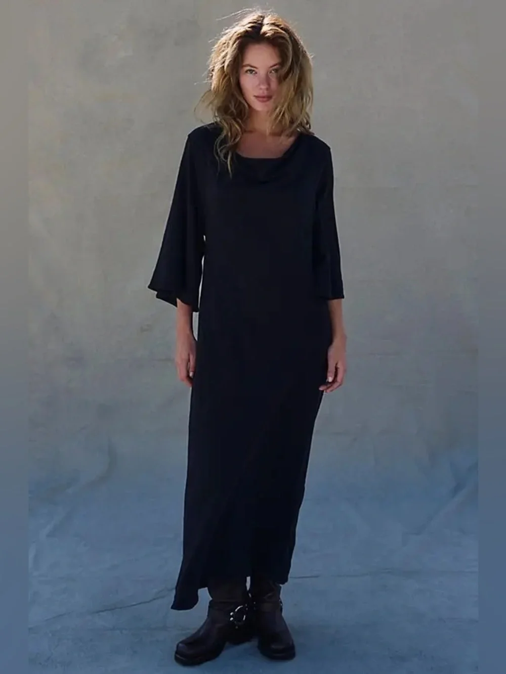 Free People Medina Shapeless A-Line Hem Wide Scoop Neck Black Midi Dress NWT S